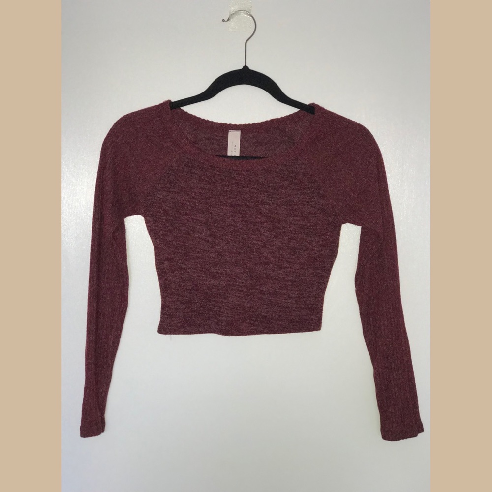 Burgundy Knit Long Sleeve Crop Top